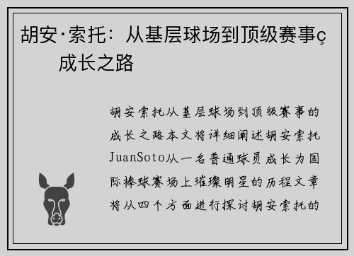 胡安·索托：从基层球场到顶级赛事的成长之路